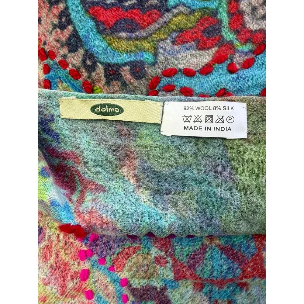 Dolma Wool Silk Scarf Shawl Wrap Lightweight Embroidery Eyelash Fringe 27x70